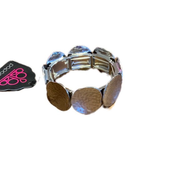 3 pc long necklace badge or key holder bracelet & earrings silver tone hammered - Picture 6 of 6